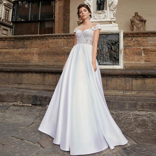 

2021 new charming short sleeves sheer o neck applique satin wedding gown vestido de novia customized a line bridal n2xd, White