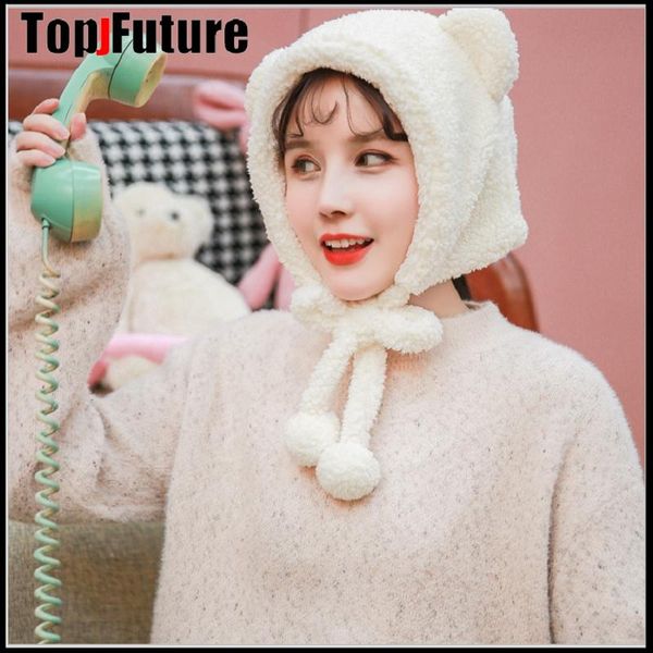

scarves ins winter cute selling girl bear ears warm hat windproof neck scarf cap student women plus cashmere birthday gift, Blue;gray