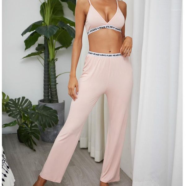 

fashion women 2pcs letter printed sleepwear spaghetti strap bra long pants pajama set ladies pajama party set1, Black;brown