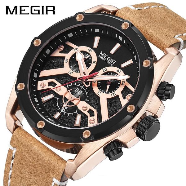 

megir official quartz men watches fashion genuine leather chronograph watch clock men relogio masculino erkek kol saati, Slivery;brown
