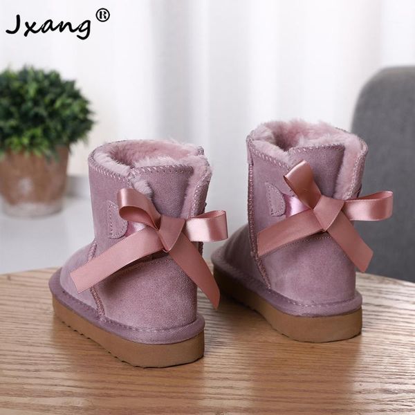 

boots jxang fashion pretty children warm girl boy snow winter genuine cowhide leather lace up butterfly kids shoes1, Black;grey