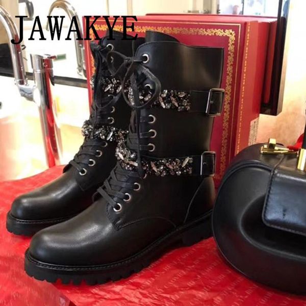 

boots luxury crystal beading strap embellished ankle women flat heel round toe knight winter real leather shoes for, Black