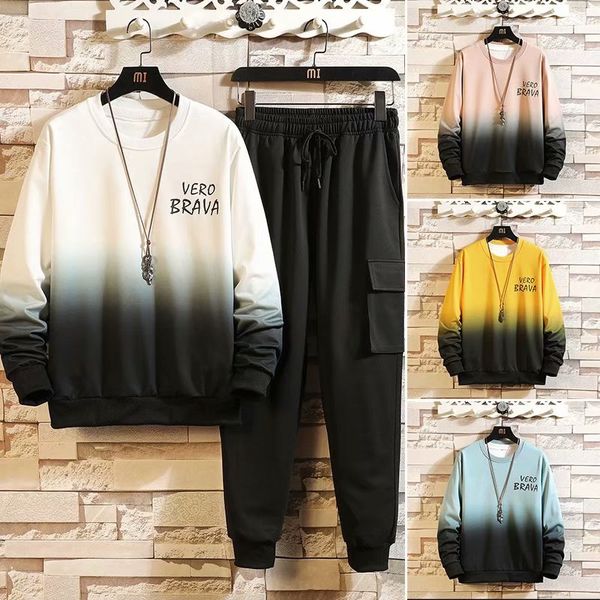 

spring autumn men's sets style streetwear gradient long sleeve pullover+casual elastic waist solid trousers mens clothing, Gray