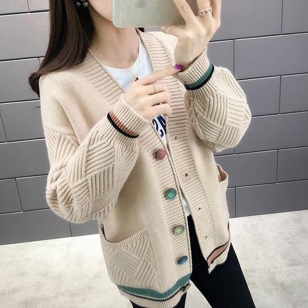

autumn winter women knitted jacket loose long sleeve cardigan women's with single breasted pocket cardigan female sweater 201023, White;black