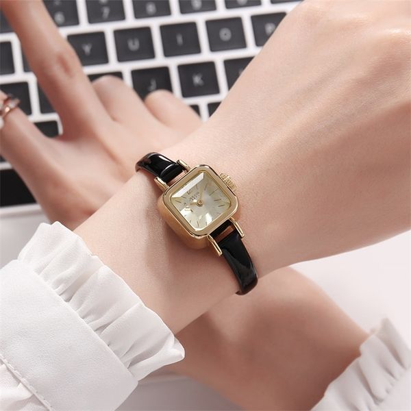 

girl unique square small dial ladies women thin leather strap quartz watches rose gold female fashion watch montre femme 201218, Slivery;brown