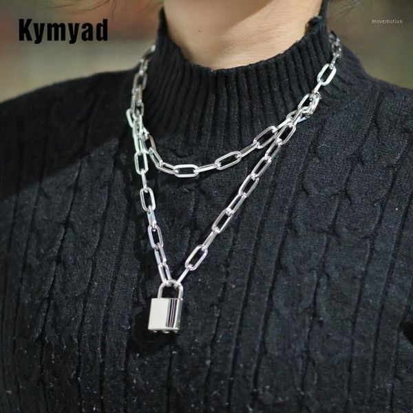 

kymyad simple design necklace women geometric lock pendant necklaces bijoux statement necklaces double layer wide chain necklace1, Golden;silver
