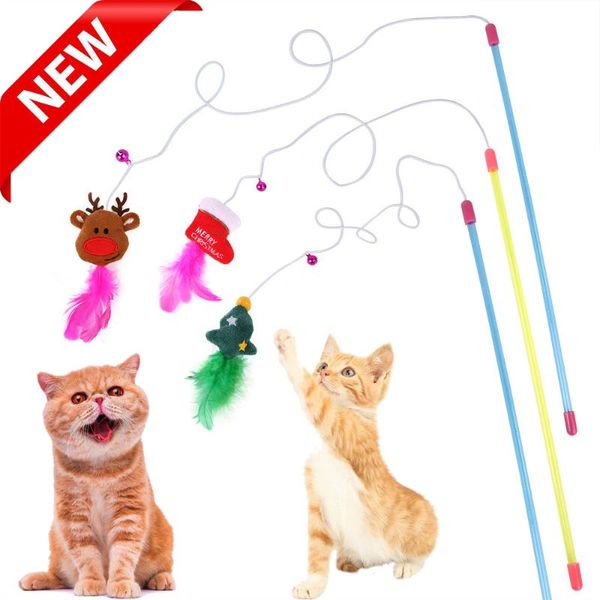 

cat toys funny teaser christmas for cats kitten interactive feather wand stick with small bell wire chaser kat toy