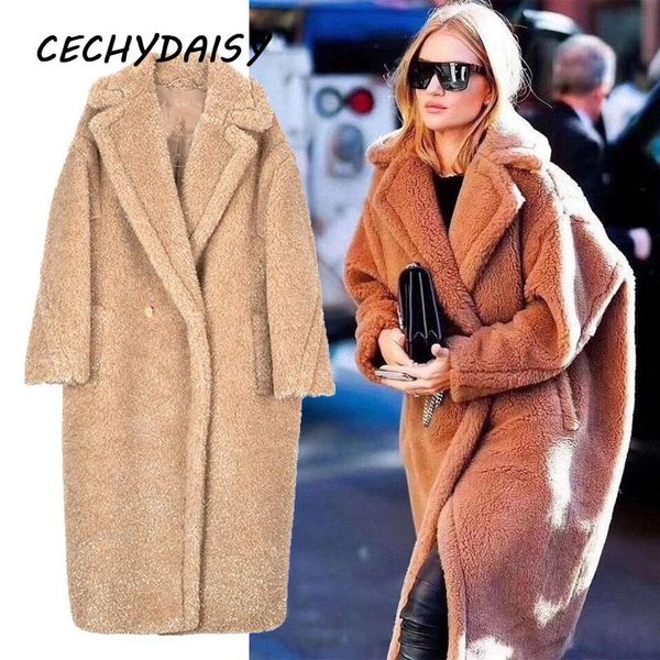 

runway fashion elegant lambswool parka coats winter clothes thick warm casual plus size faux fur teddy long jackets, Black