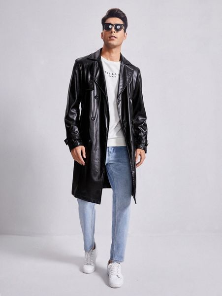 

men double breasted belted pu leather trench coat a1ja#, Black;brown