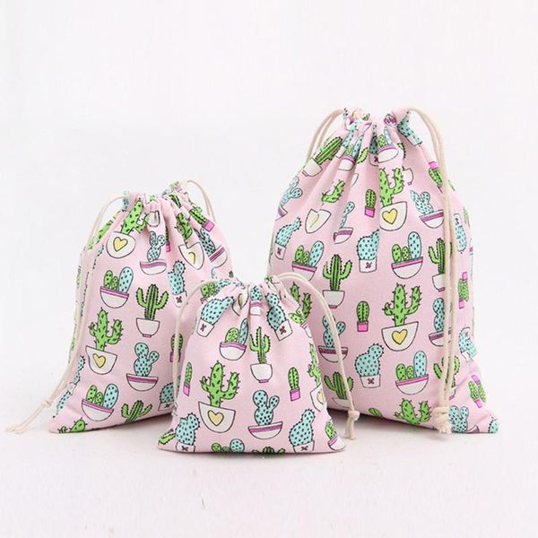 

3pcs/set pink & dark blue canvas candy gift bags for children cactus beam port drawstring bags small jewelry gift storage