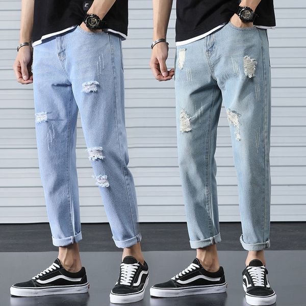 

new summer ripped jeans vintage blue men's denim trousers fashion straight scratched holes pants jeans hip hop streetwear s-3xl 201111