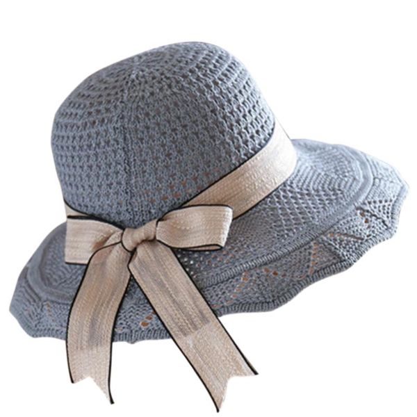 

casual outdoor wide brim summer straw hat ribbon caps beach sun visor floppy fashion stripe women foldable, Blue;gray