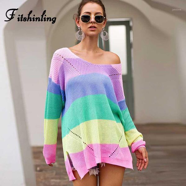 

fitshinling rainbow striped long sweater femme pull v neck slim pullovers autumn winter long sleeve sweaters women jumpers sale1, White;black