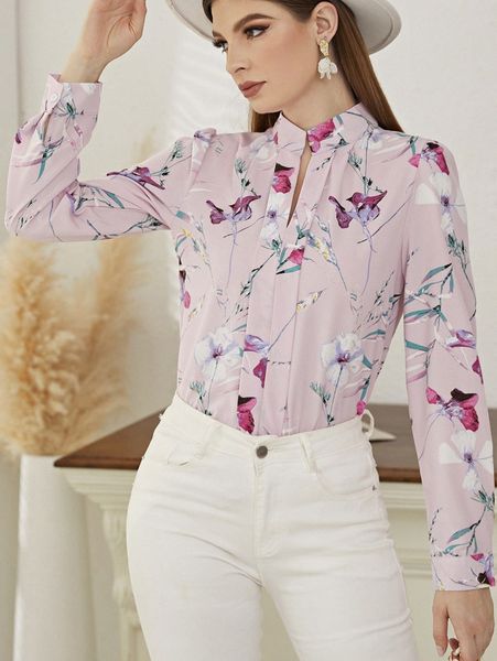 

floral print notch neck blouse n9af#, White