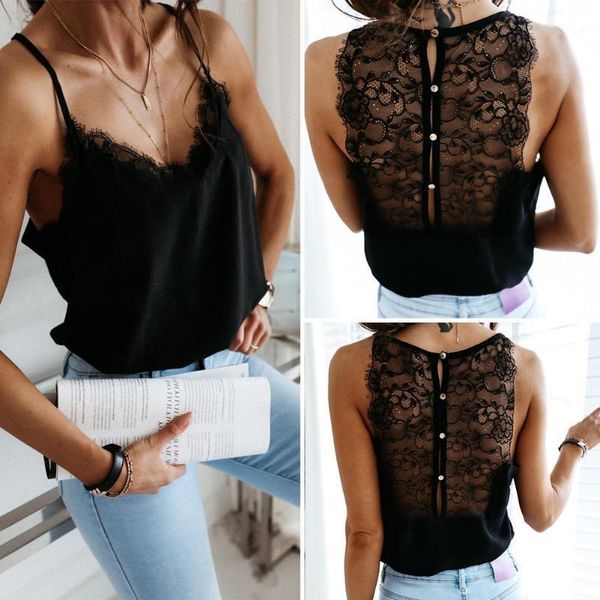 

summer women satin silk lace tank vest blouse female casual crop camisole lace solid backless vest1, White