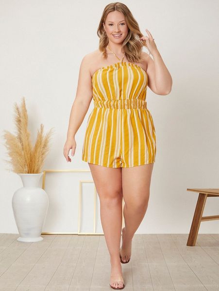 

plus self tie shirred panel striped cami romper n0rw#, Black