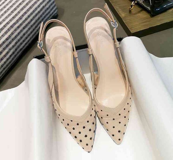 

women designer hight heel sandals party mesh polka dot single shoes pointed toes lady chunky dress party sandals, Black