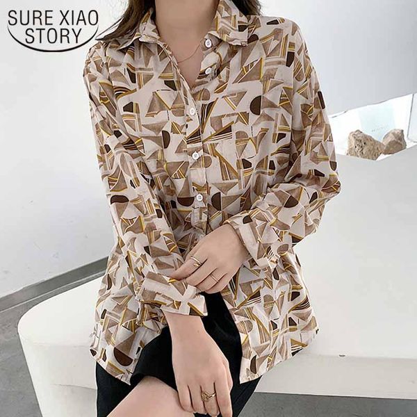

2021 spring autumn shirt women fashion printed plus size loose blouse straight long sleeve casual lapel cardigan 12572, White