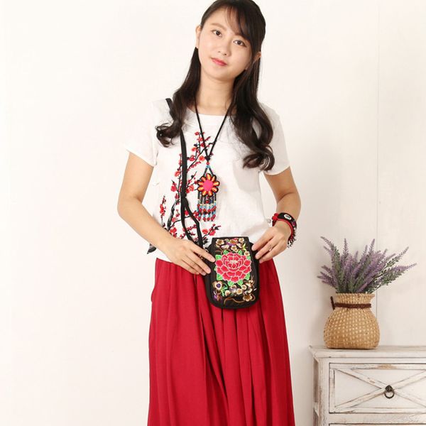 

chinese national embroidered style crossbody bag women shoulder bag travel pouch vintage floral embroidered crossbody zip bag 012704, Black;red