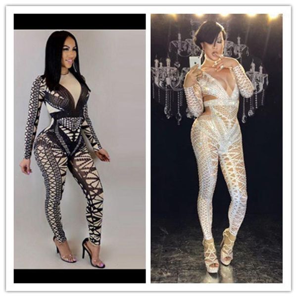 

2019 new women body con rhinestone patchwork club halloween party prom evening costumes show jumpsuit romper clothes1, Black;white