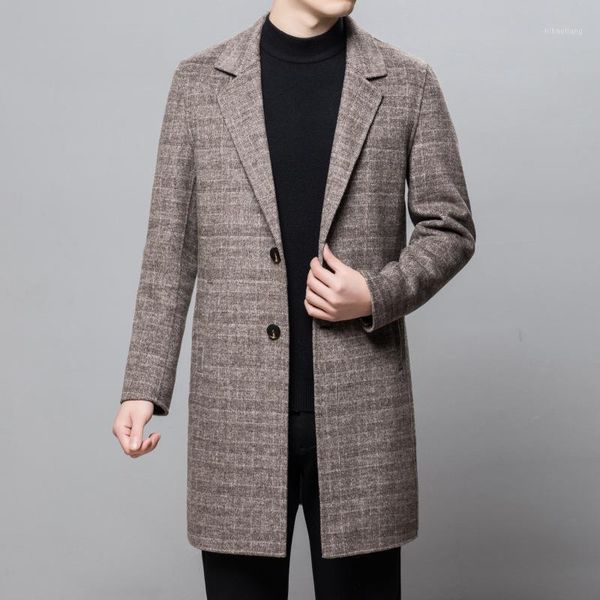 

men's trench coats double sided cashmere coat men's winter long business casual suit collar plaid windbreaker woolen coat1, Tan;black