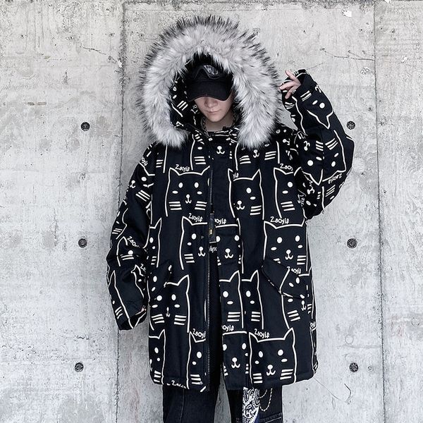 

hybskr winter men casual parka men warm hooded graphic printed coat men thicken zipper korean streetwear mens jackets 201027, Black