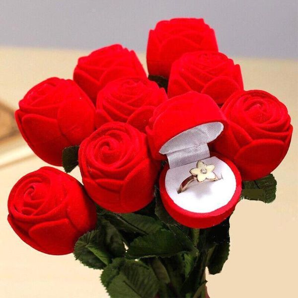 

1pc romantic rose ring box flower flocking holder velvet wedding propose engagement valentine day gift box packing jewelry case