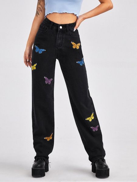 

high waisted butterfly embroidery straight leg jeans e33e#, Blue