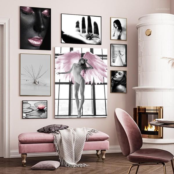 

pink flower angel wing picture scandinavian fashion poster nordic print wall art canvas painting modern living room home decor1