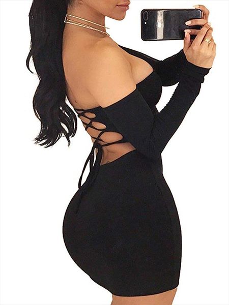 

autumn winter long sleeve dress womens off shoulder backless lace up club bodycon mini dress, Black;gray