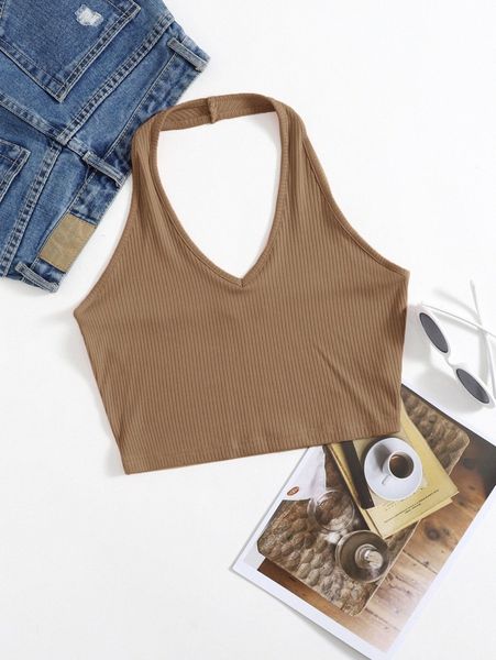 

rib-knit crop halter 78eh#, White