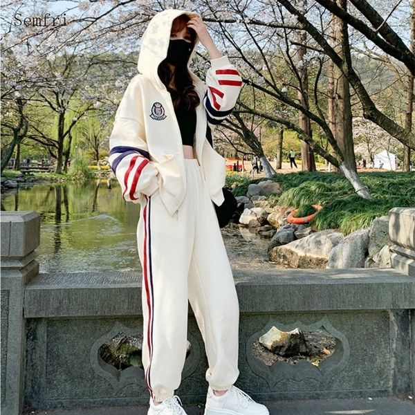 

semfri two piece set tracksuit women autumn cotton hoodies sports suit female loose style striped clothes 2 piece set 201110, White