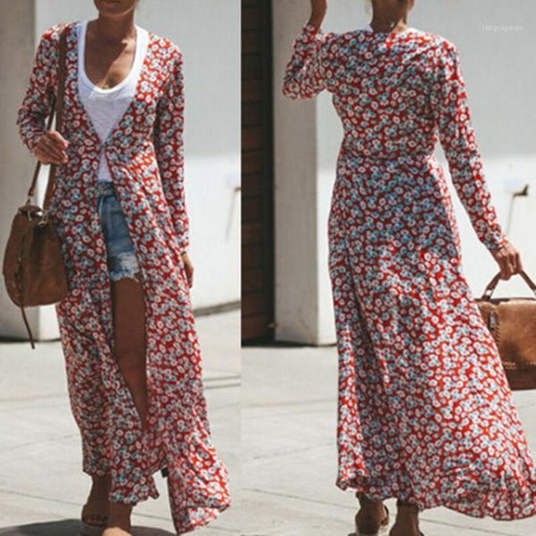 

women floral long sleeve chiffon blouse cardigan beach maxi sun dress coat shirt1, White