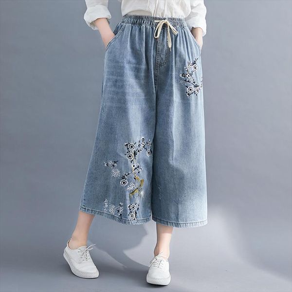 

summer 7 10 length flower embroidered denim capri pants wide leg cropped jeans for women  l xl 2xl 3xl 4xl, Blue