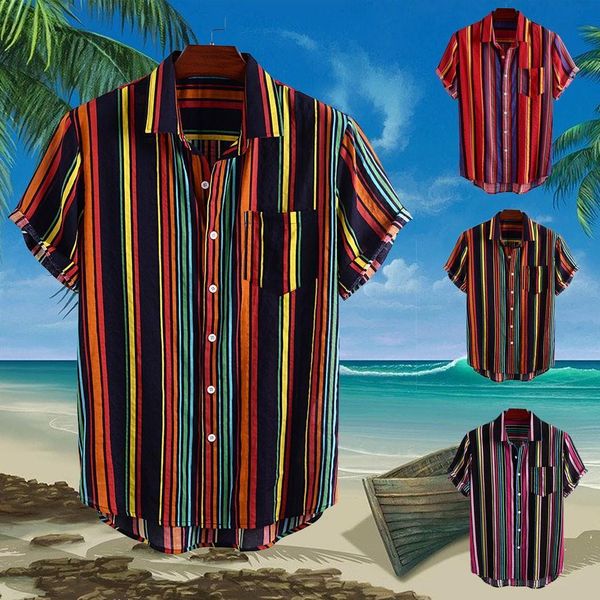 

men summer striped printed shirt casual pocket loose shirts 2020 male multicolor hawaiian short sleeve shirt camisas, White;black