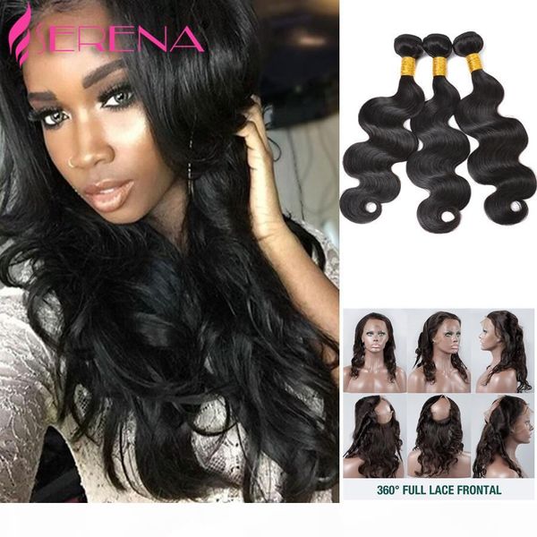 

360 lace frontal with bundle 7a peruvian body wave 360 frontal with bundles 360 lace frontal closure with bundles human hair, Black;brown