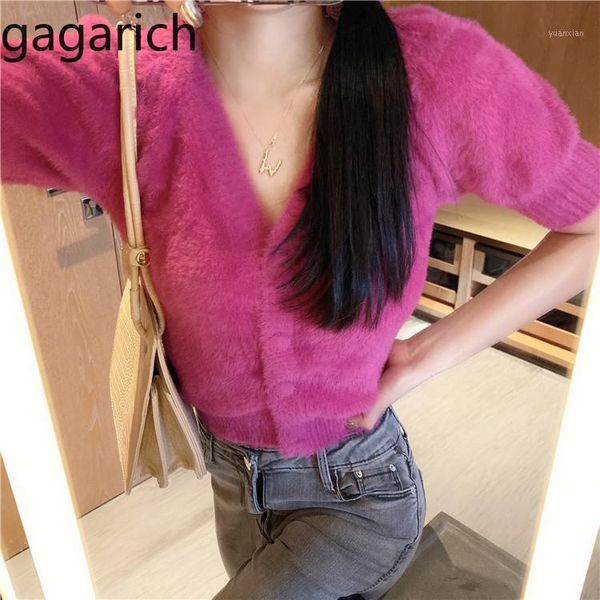 

gagarich women sweater color bubble short sleeve v-neck knitted cardigan female spring short slim solid color sweaters1, White