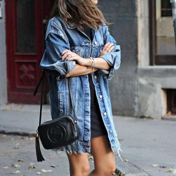

fashion autumn winter women hole denim jacket 2020 harajuku boyfriend wind jean jacket loose long sleeve female coats hc0501, Black;brown