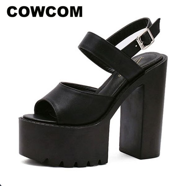 

cowcom 2019 women hate days high thick waterproof platform open toe high heels cool hollow sandals jxq-1333-6 t200605, Black
