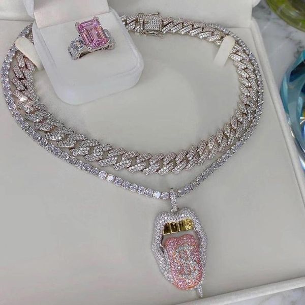 

chains iced out bling 5a cz mouth pendant necklace dollar symbol micro pave dripping lips gold color tennis hip hop men jewelry, Silver