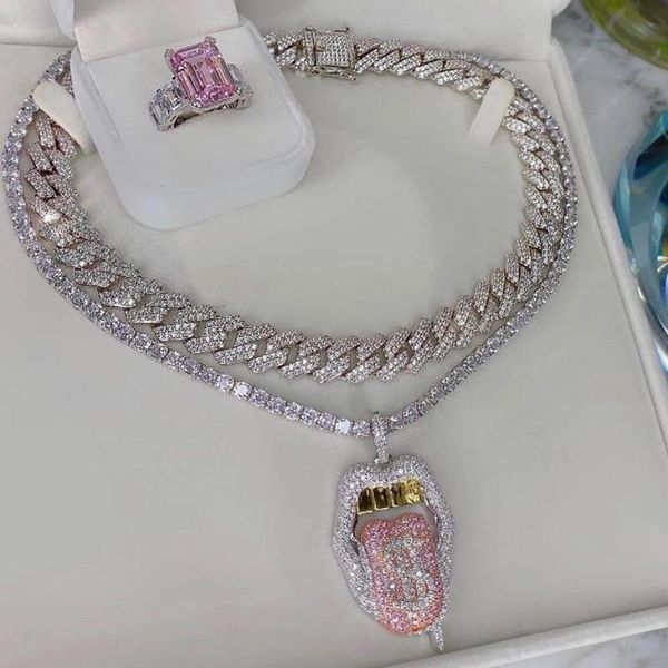 Catene Iced Out Bling 5A CZ Collana con pendente a bocca sexy Simbolo del dollaro Micro pavimenta Labbra gocciolanti Colore oro Tennis Hip Hop Gioielli da uomo