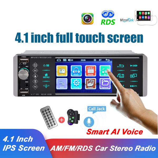 Smart AI Controllo vocale Lettore video MP5 per auto 1 Din Radio stereo Specchio Link RDS Ricevitore AM FM 3 USB Touch screen IPS da 4,1 pollici Auto DVD per auto Chiamata in vivavoce