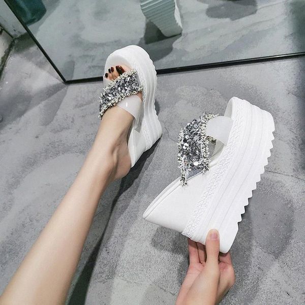 

cootelili women summer slippers wedges sequin decoration platform shoes 2020 new fashion slippers 12cm heel black basic #fg9p