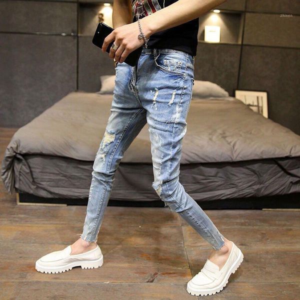

wholesale 2020 fashion gay korean slim-fit skinny jeans small feet slimming societal spirit boy teenagers pencil trousers1, Blue