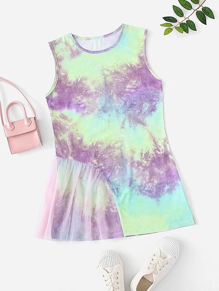 

girls tie dye contrast mesh tunic dress she, Red;yellow