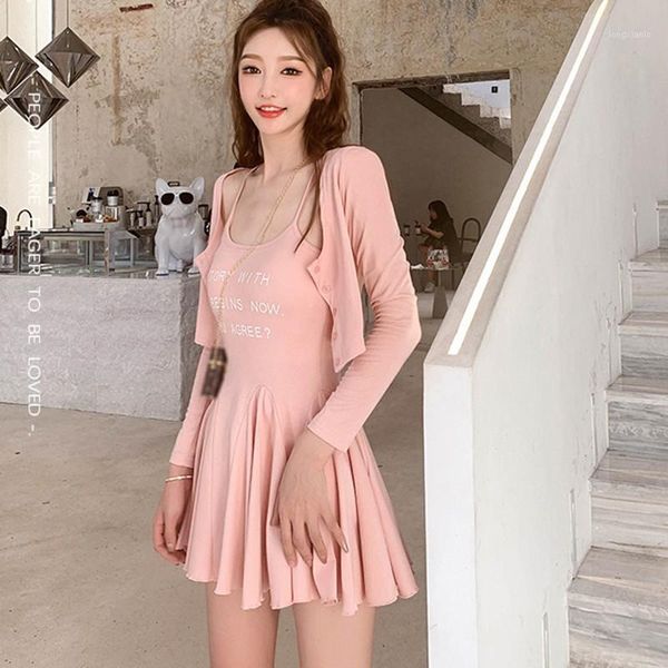 

women letter print slim sling dress + long sleeve cardigan two-piece set pleated dress1, Black;gray