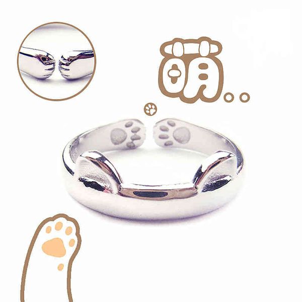 

rings korean open mouth cat ear ring cute pet paw footprint, Silver
