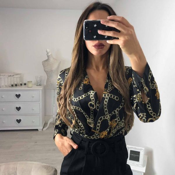 

autumn new fashion women deep v-neck casual printed jumpsuit female long sleeve leotard bodysuit blouse outfits, Black;white