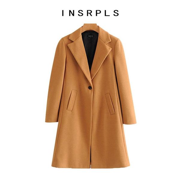 

women's wool & blends insrpls women fashion single button woolen coat vintage long sleeve side pockets female outerwear chic overcoat, Black
