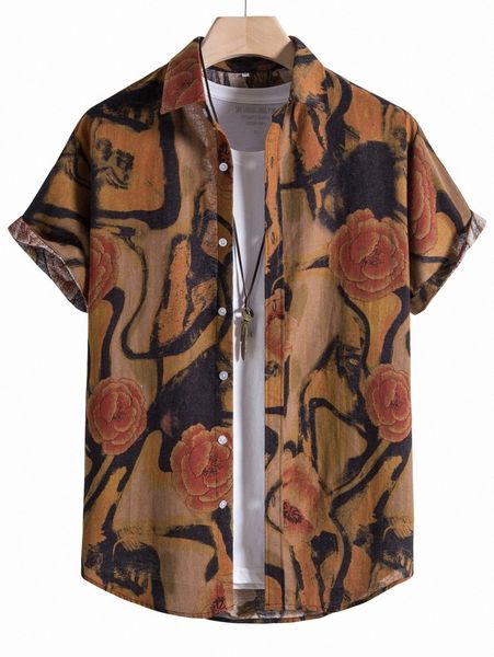 

men random floral print curved hem shirt without tee f2vc#, White;black